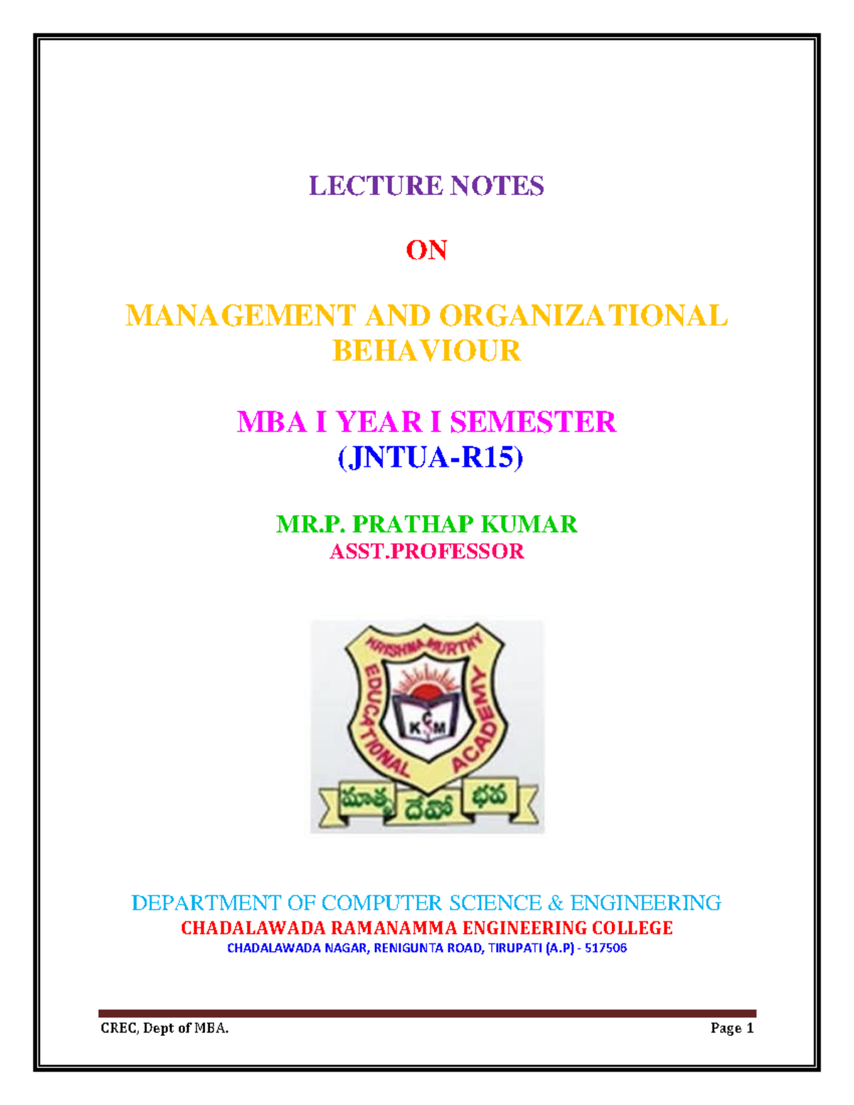 MBA I Year I Semester Lecture Notes on Management & Organizational ...