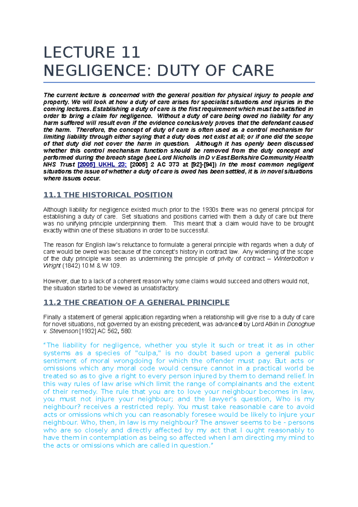Lecture ON Negligence - DUTY OF CARE - LECTURE 11 NEGLIGENCE: DUTY OF ...