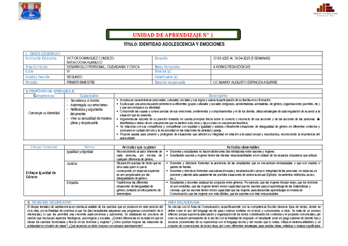 UNIDAD DE APRENDIZAJE 1: IDENTIDAD, ADOLESCENCIA Y EMOCIONES - DPCC VI ...