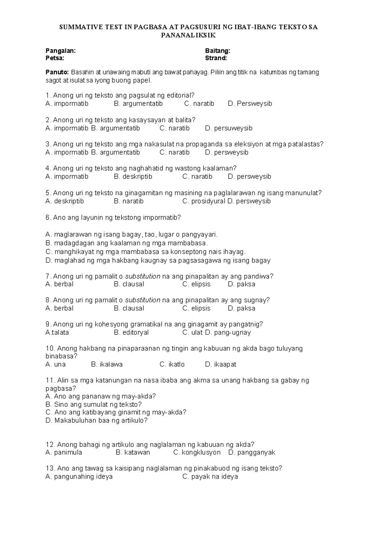 Summative Test in Pagbasa at Pagsusuri (1st Qtr) - Studocu