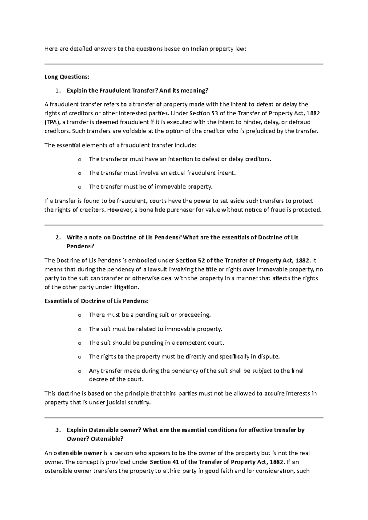 Detailed Answers on Indian Property Law: Long & Short Questions - Studocu