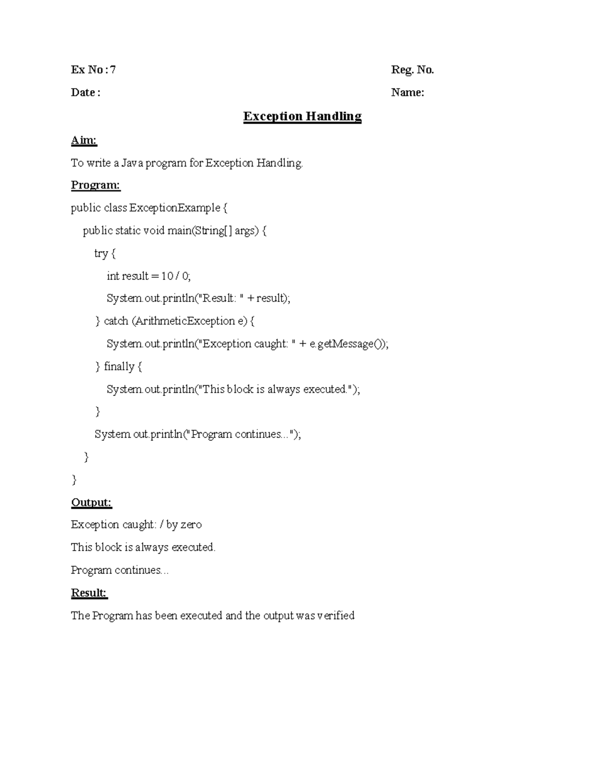 Java program for exception handling - Ex No: 7, Practice - Studocu