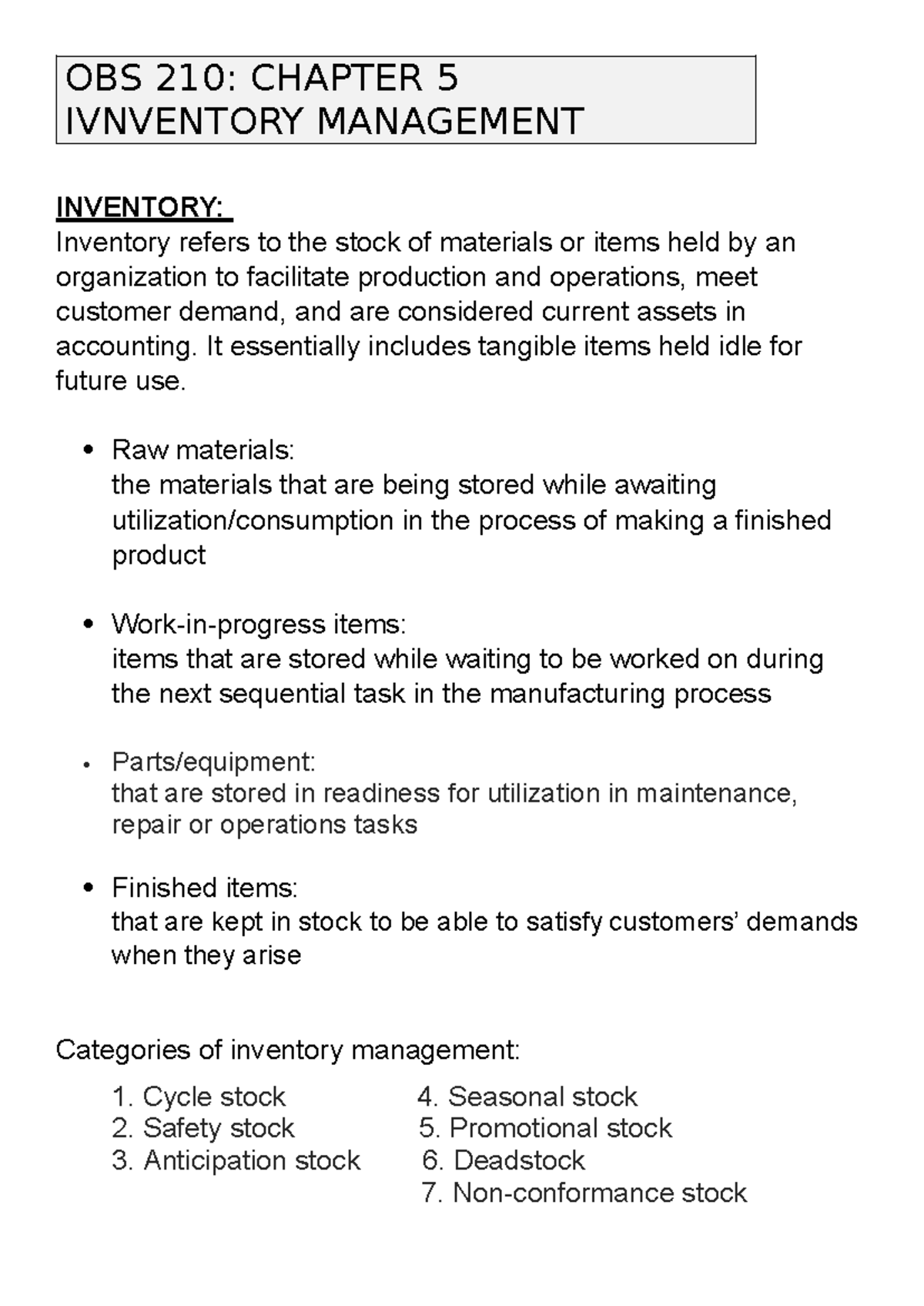OBS 210: CHAPTER 5 - INVENTORY MANAGEMENT LECTURE NOTES - Studocu
