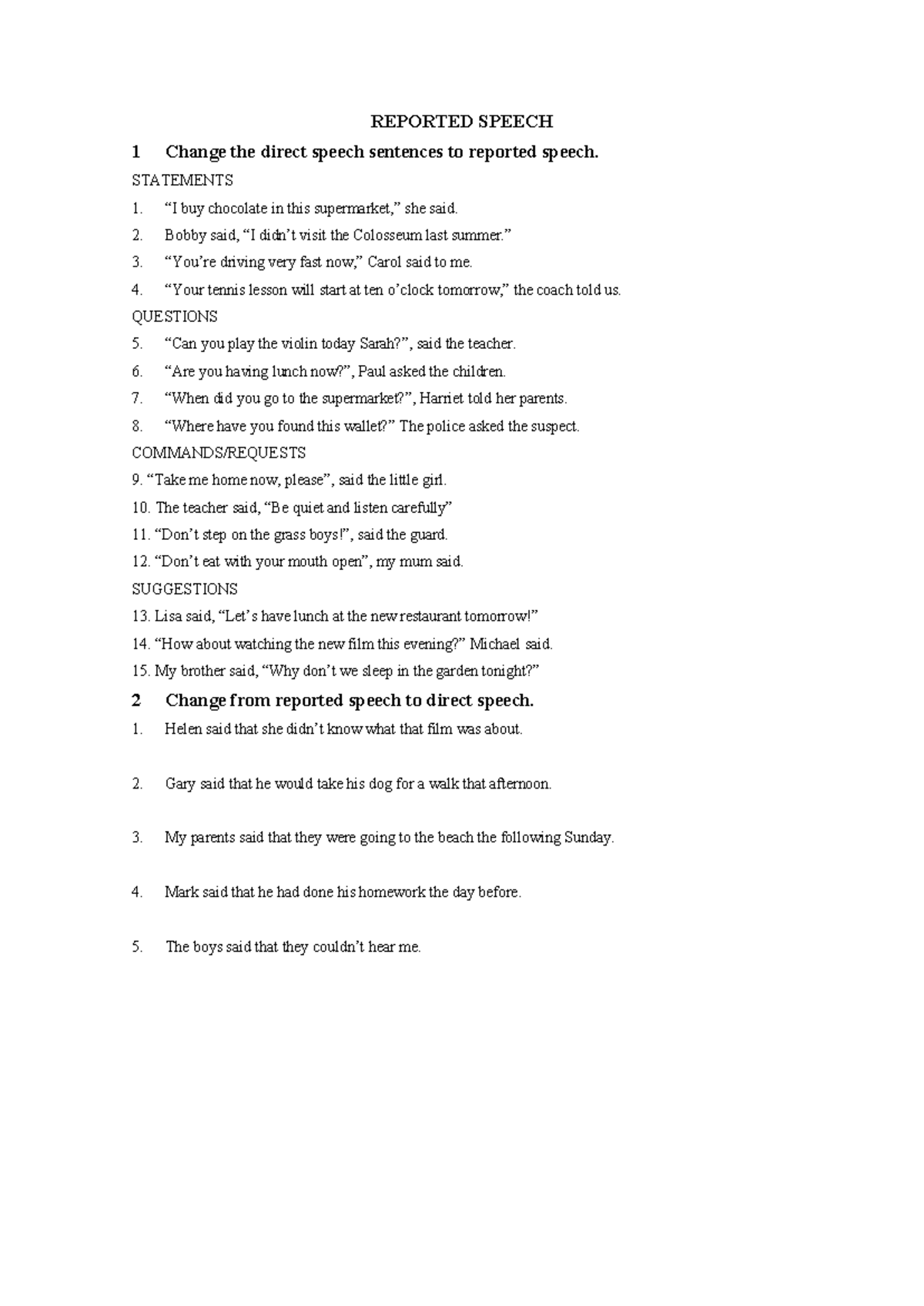Reported Speech Practice Exercises for English Grammar - Studocu