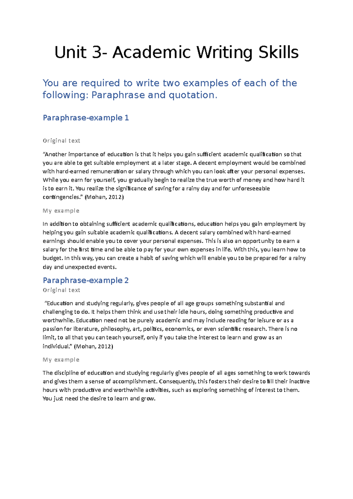 Unit 3 - Academic Writing Skills: Paraphrasing and Quoting Exercises ...