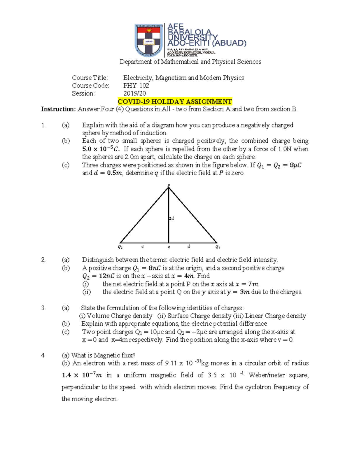 PHY 102 Holiday Assignment: Electricity, Magnetism & Modern Physics ...