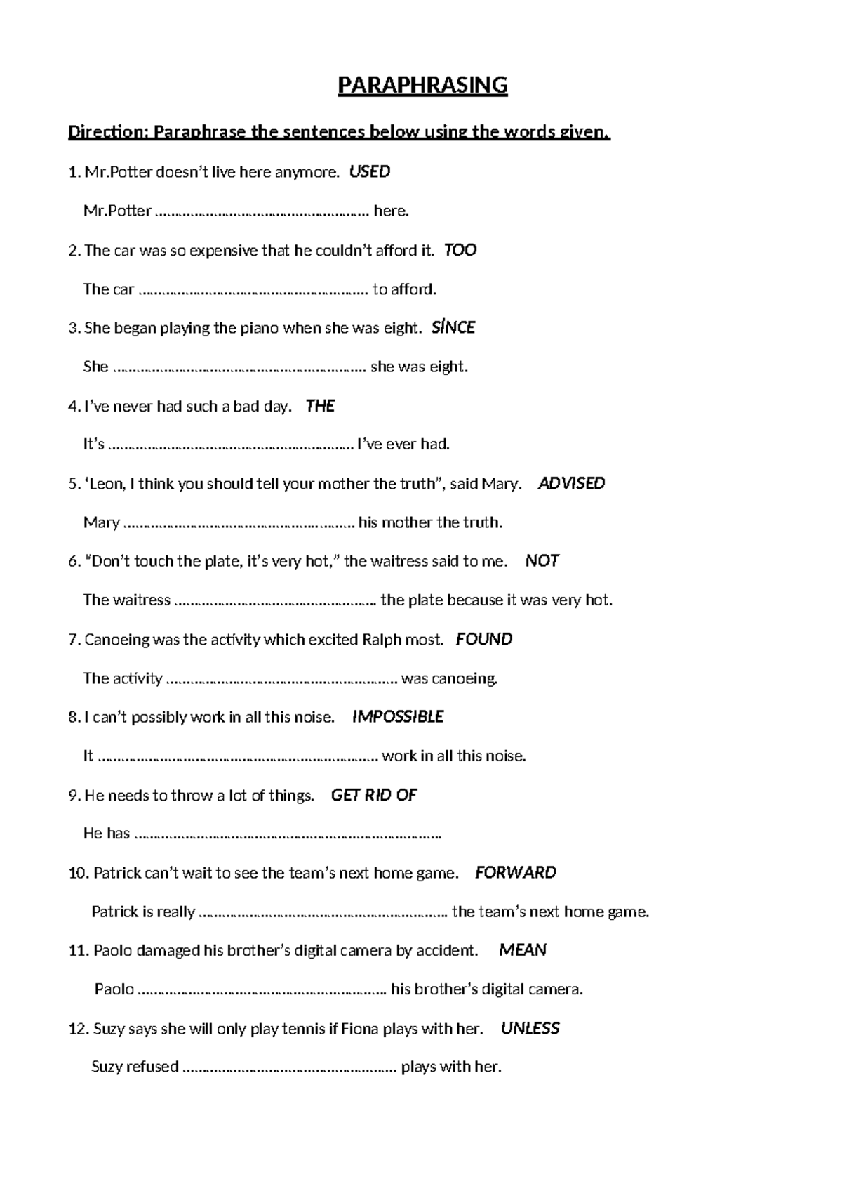 Paraphrasing Activity: Sentence Transformation Exercises - Studocu