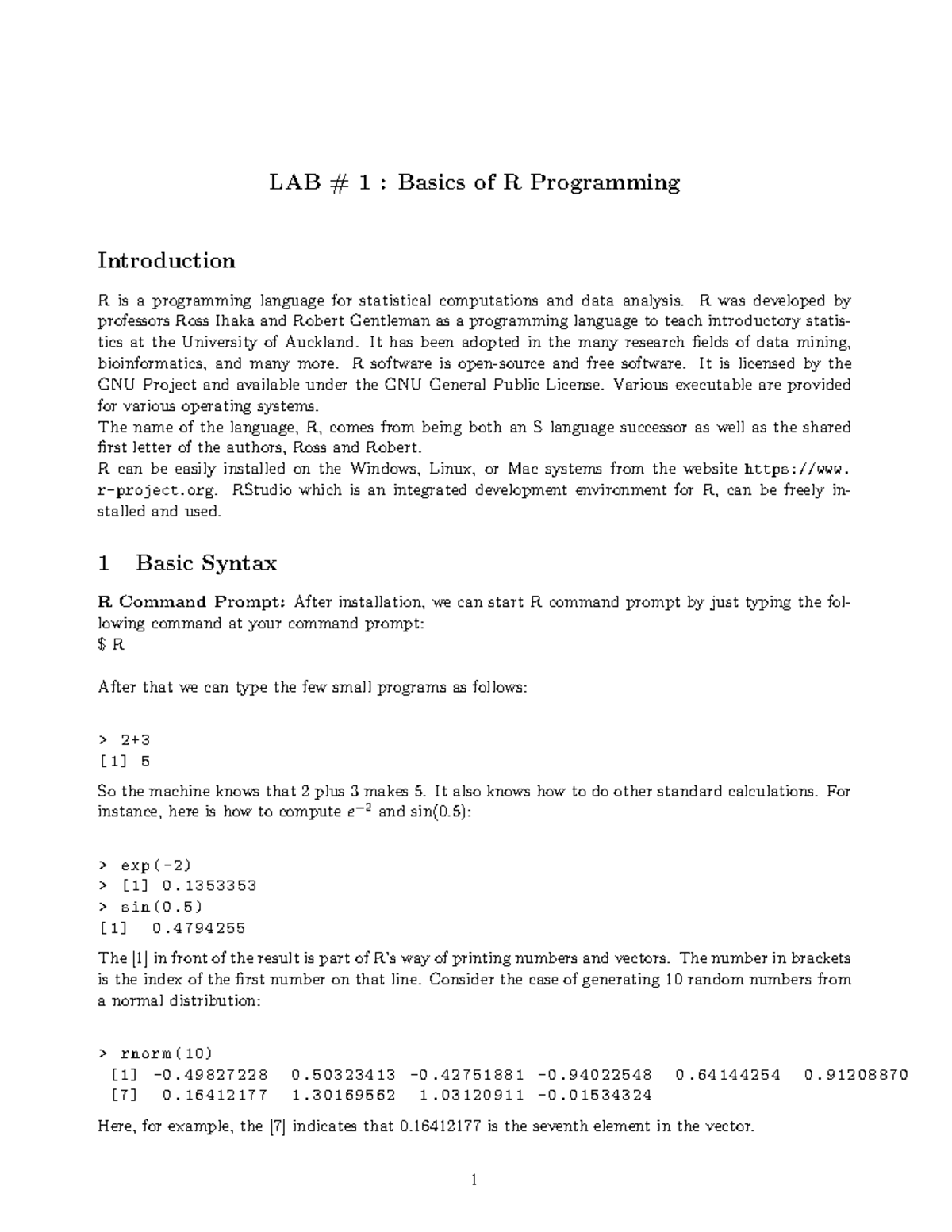LAB 1: Introduction to R Programming Basics and Syntax - Studocu