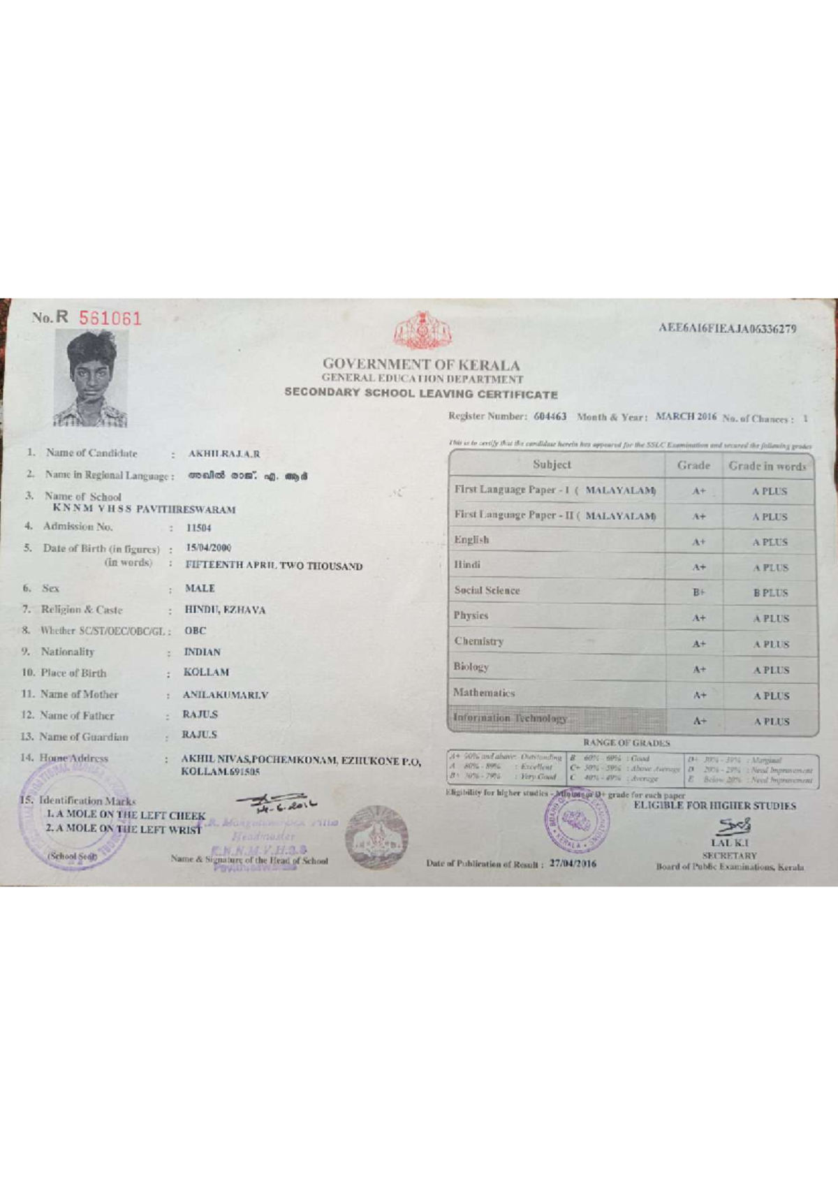 SSLC Certificate for Akhilraja - March 2016, Gradings & Details - Studocu