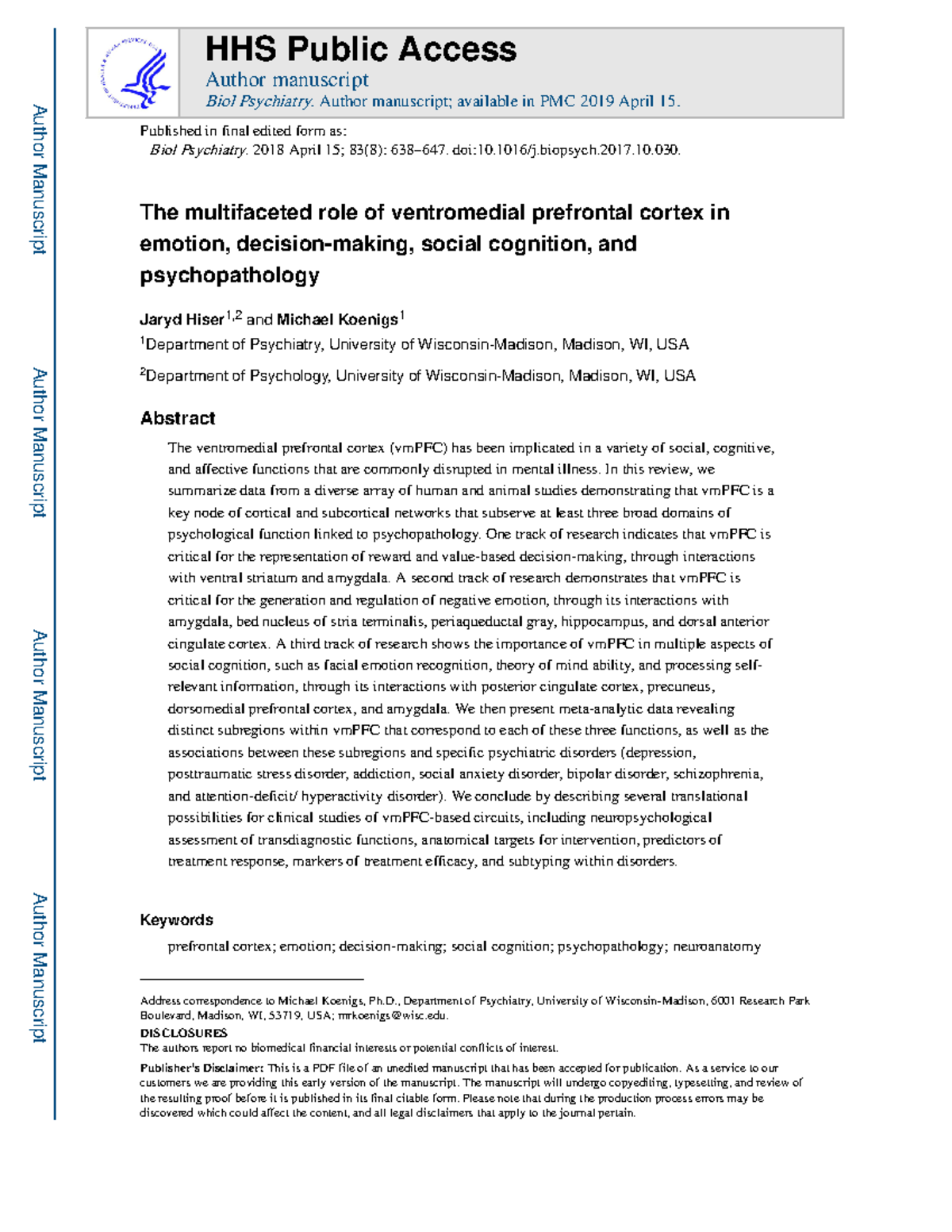 VmPFC in psychopathology: The multifaceted role of emotion and ...