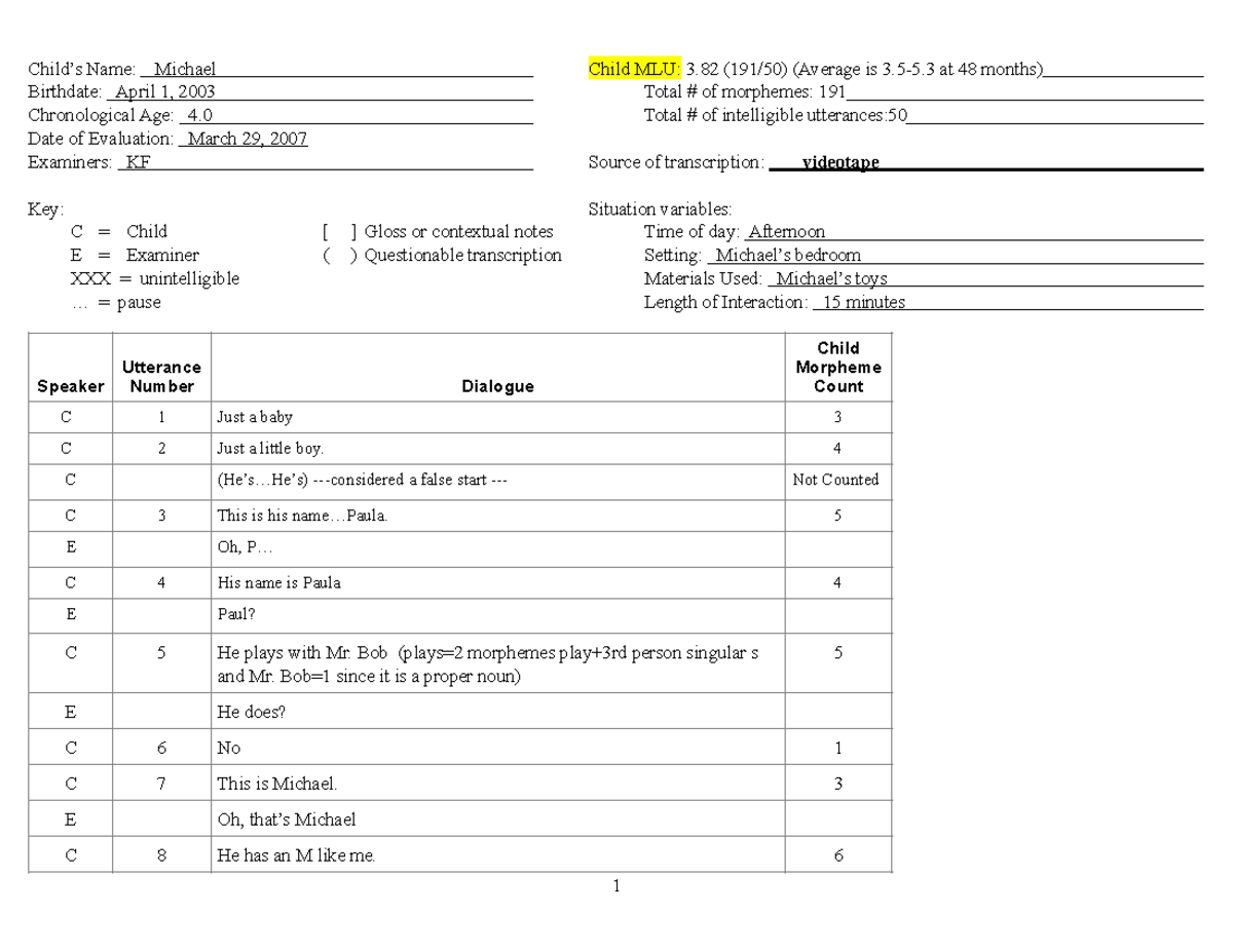 Child Language Assessment: Michael's MLU Evaluation Report (2003) - Studocu