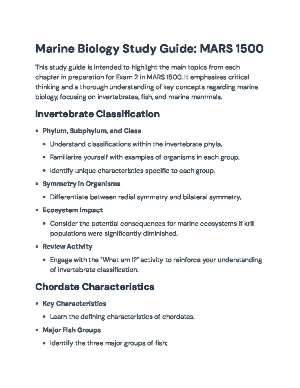 Marine Biology Study Guide for Exam 2: MARS 1500 - Marine Biology Study ...