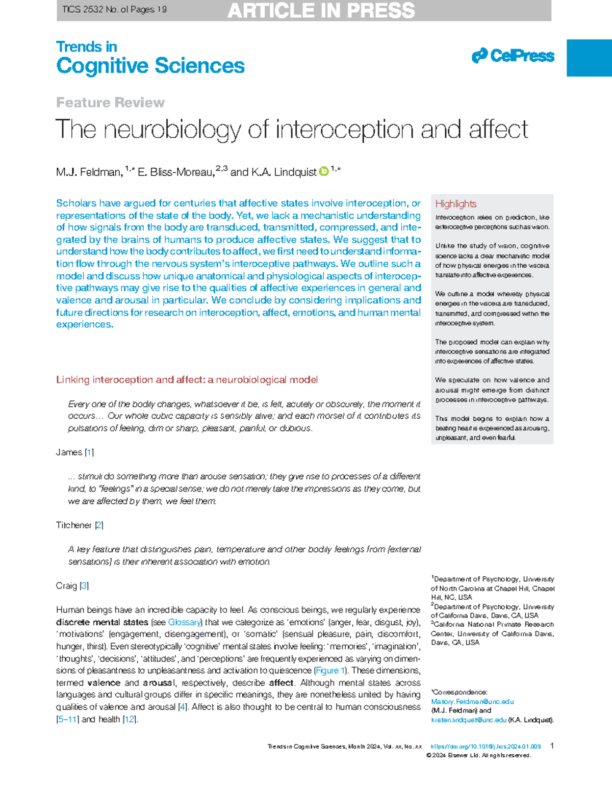 TICS 2532 Feature Review: Neurobiology of Interoception & Affect - Studocu