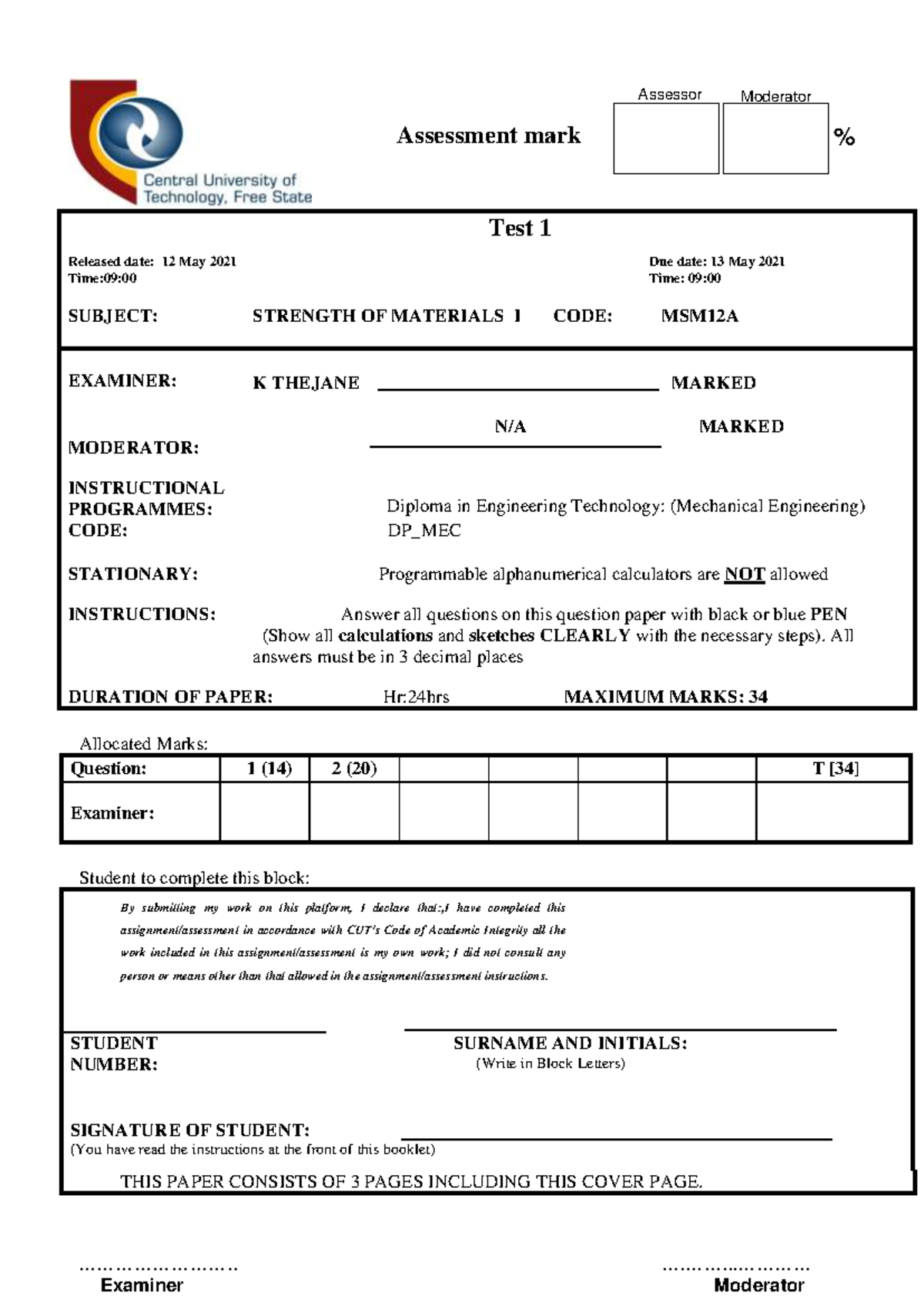 Test 1 2021 - Strength of Materials I (MSM12A) Question Paper - Studocu