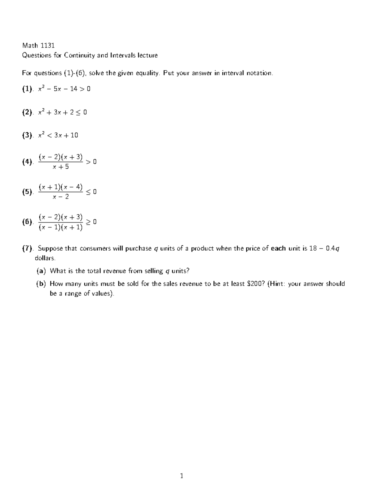 Math 1131 Lecture Questions on Continuity and Intervals - Studocu