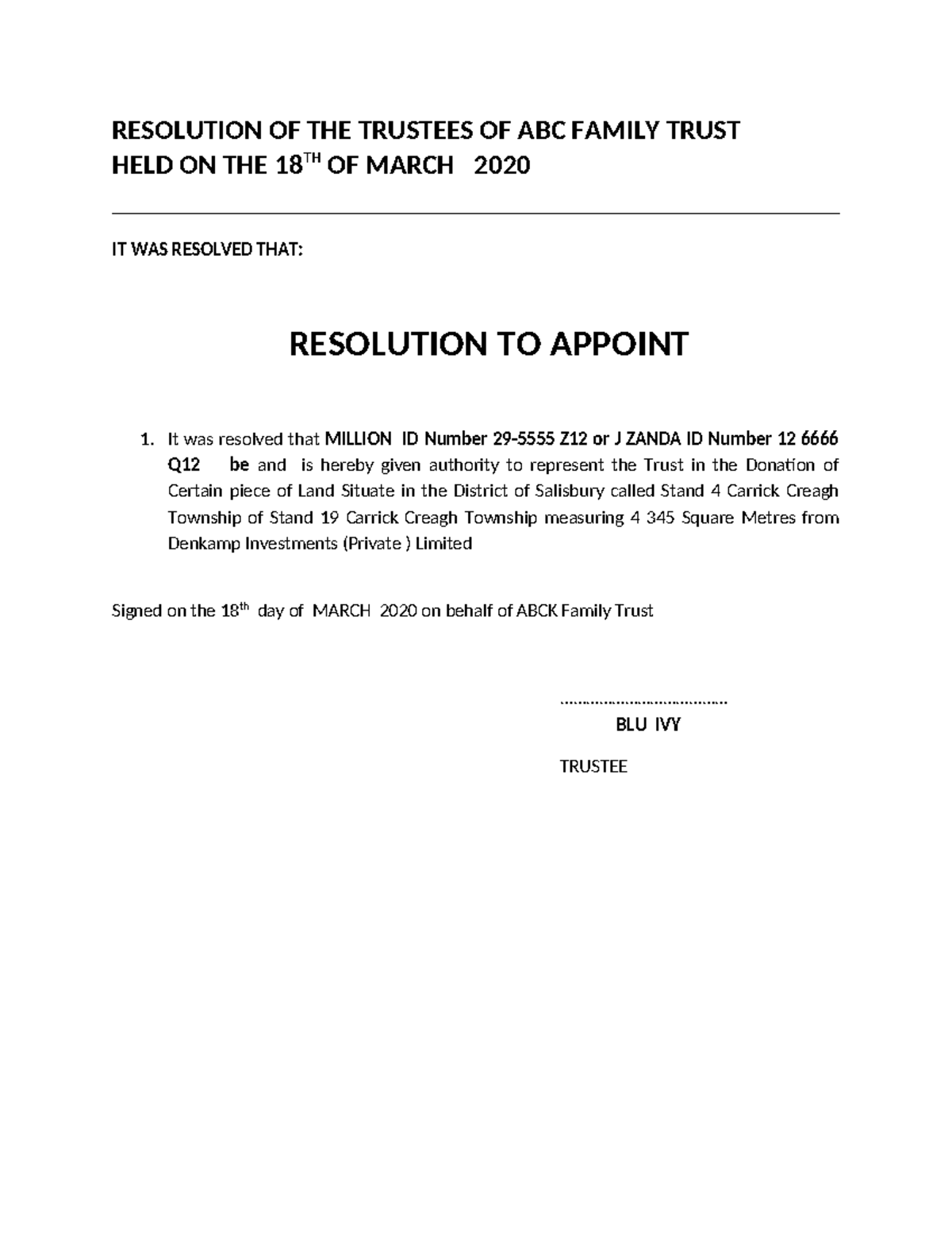 Resolution of ABC Family Trust - Appointment of Representative - Studocu
