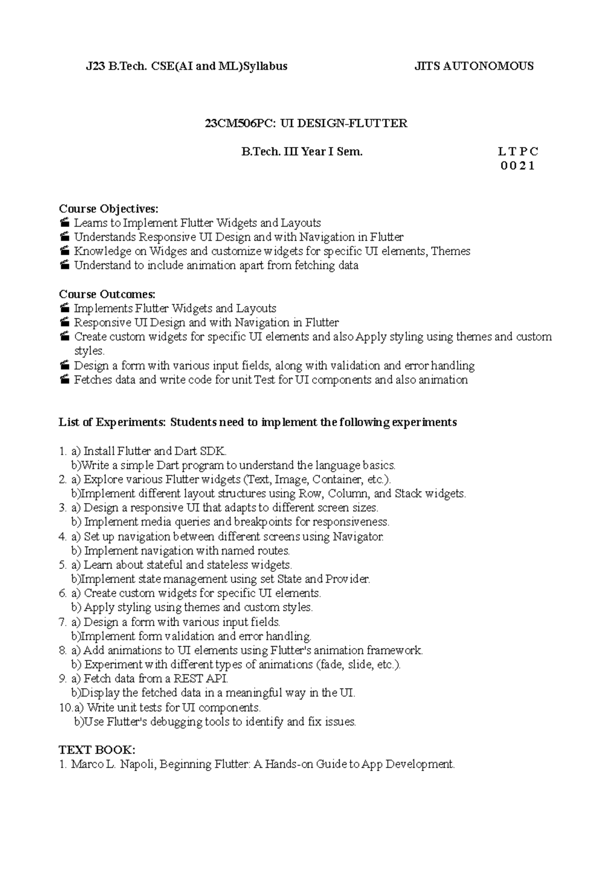 J23 B.Tech. CSE(AI and ML) Syllabus: UI Design with Flutter & Web ...