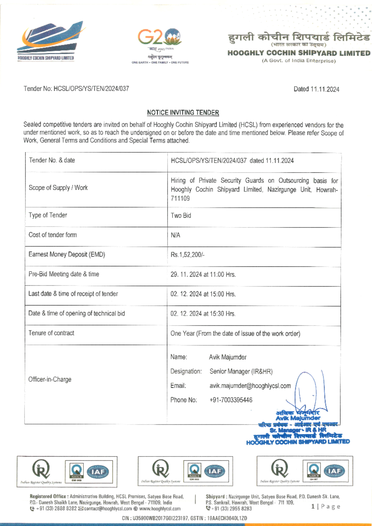 Tender Notice - Hiring of Security Guards for HCSL Tender No. HCSL ...