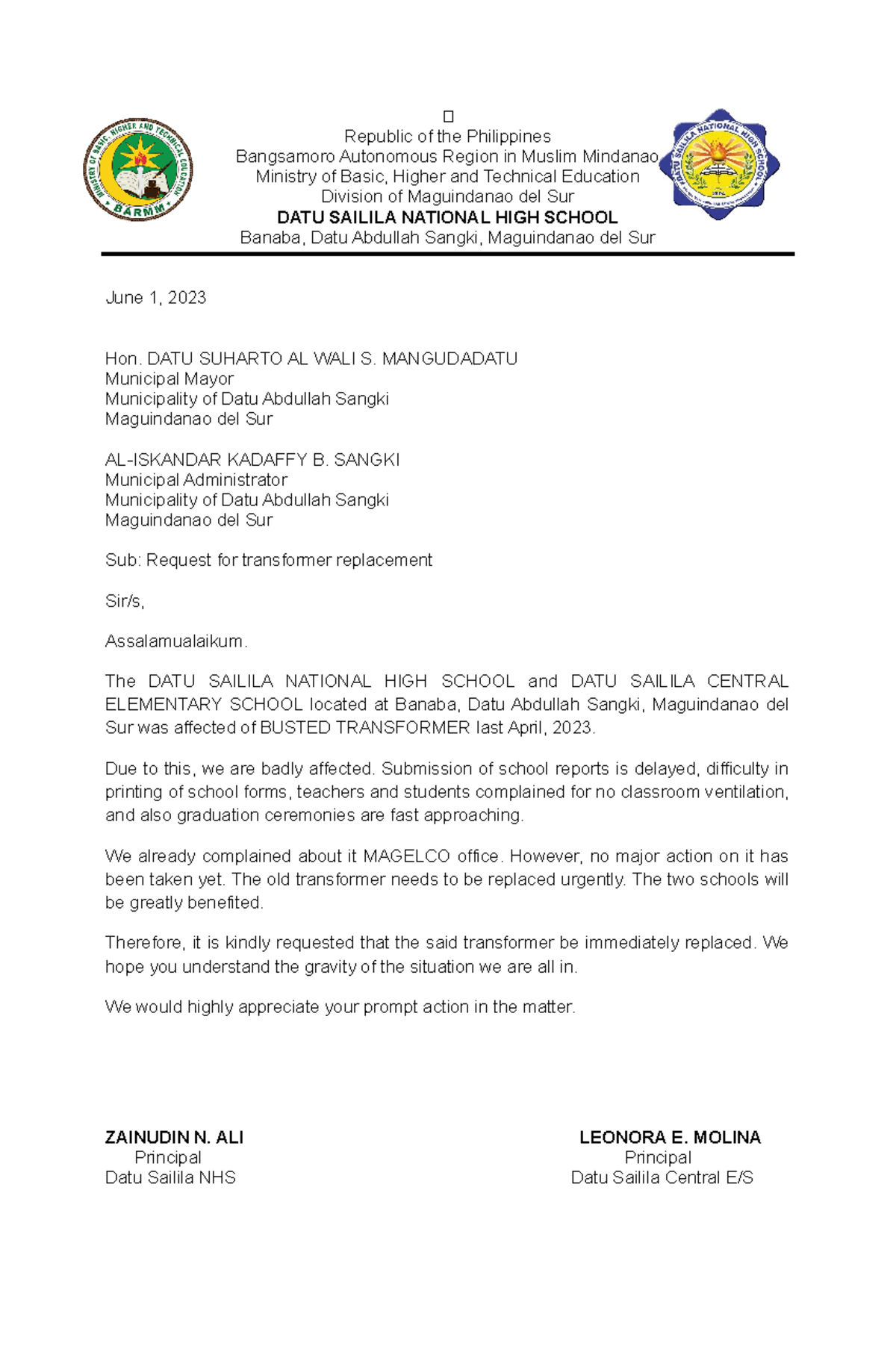 Request Letter for Transformer Replacement to Mayor - Datu Sailila NHS ...