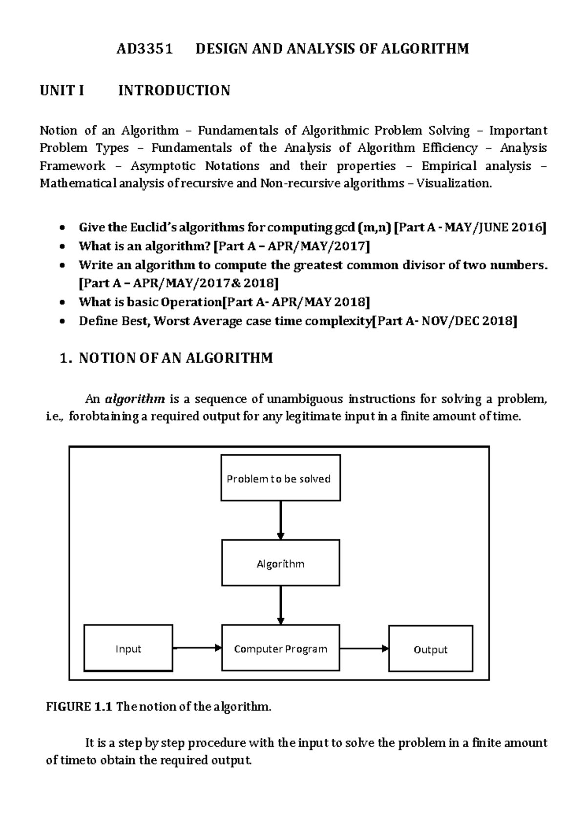 DAA3351 Unit I: Introduction to Algorithm Design and Analysis - Studocu