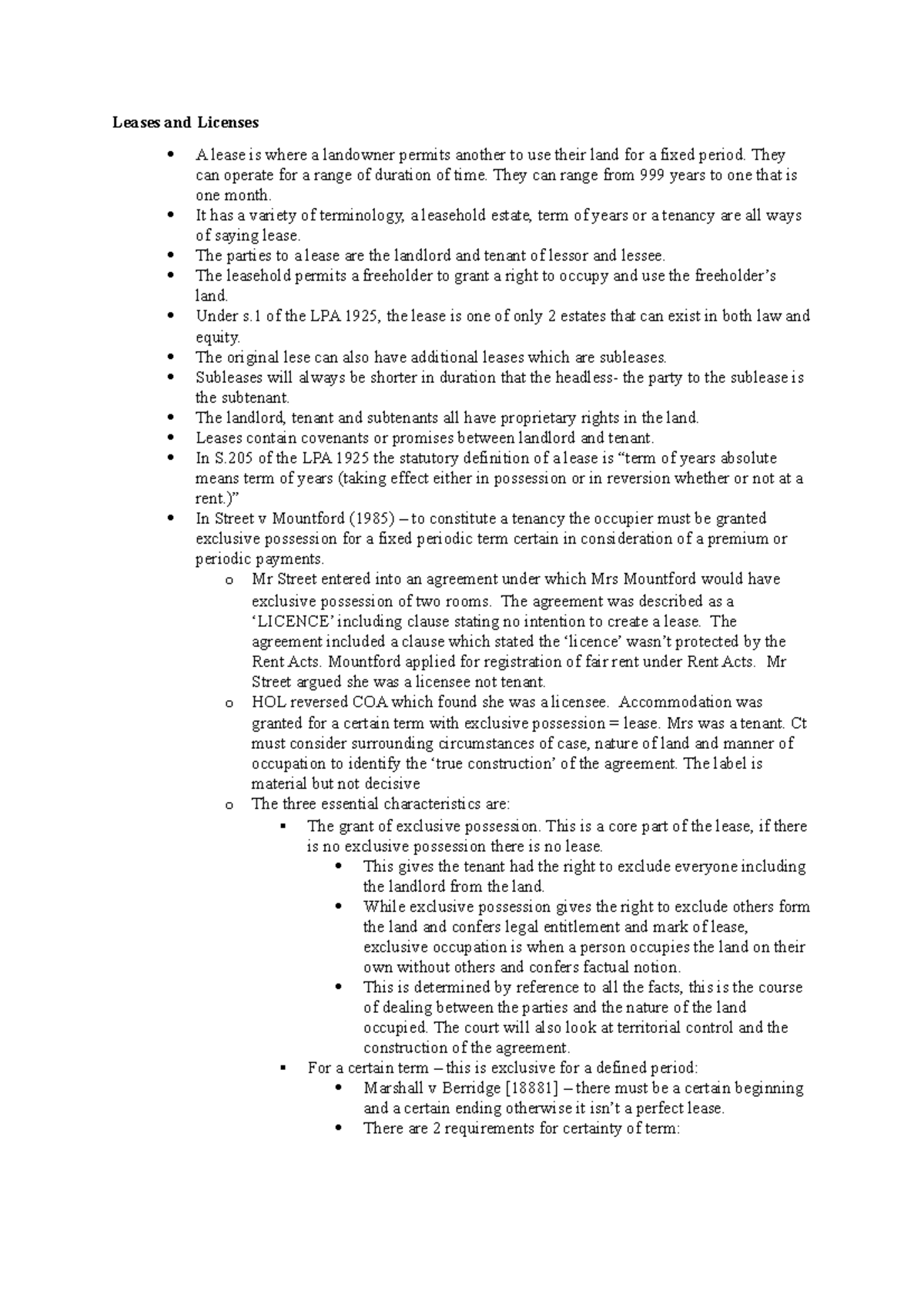 4. Leases and Licenses - Lecture Notes and Key Legal Principles - Studocu