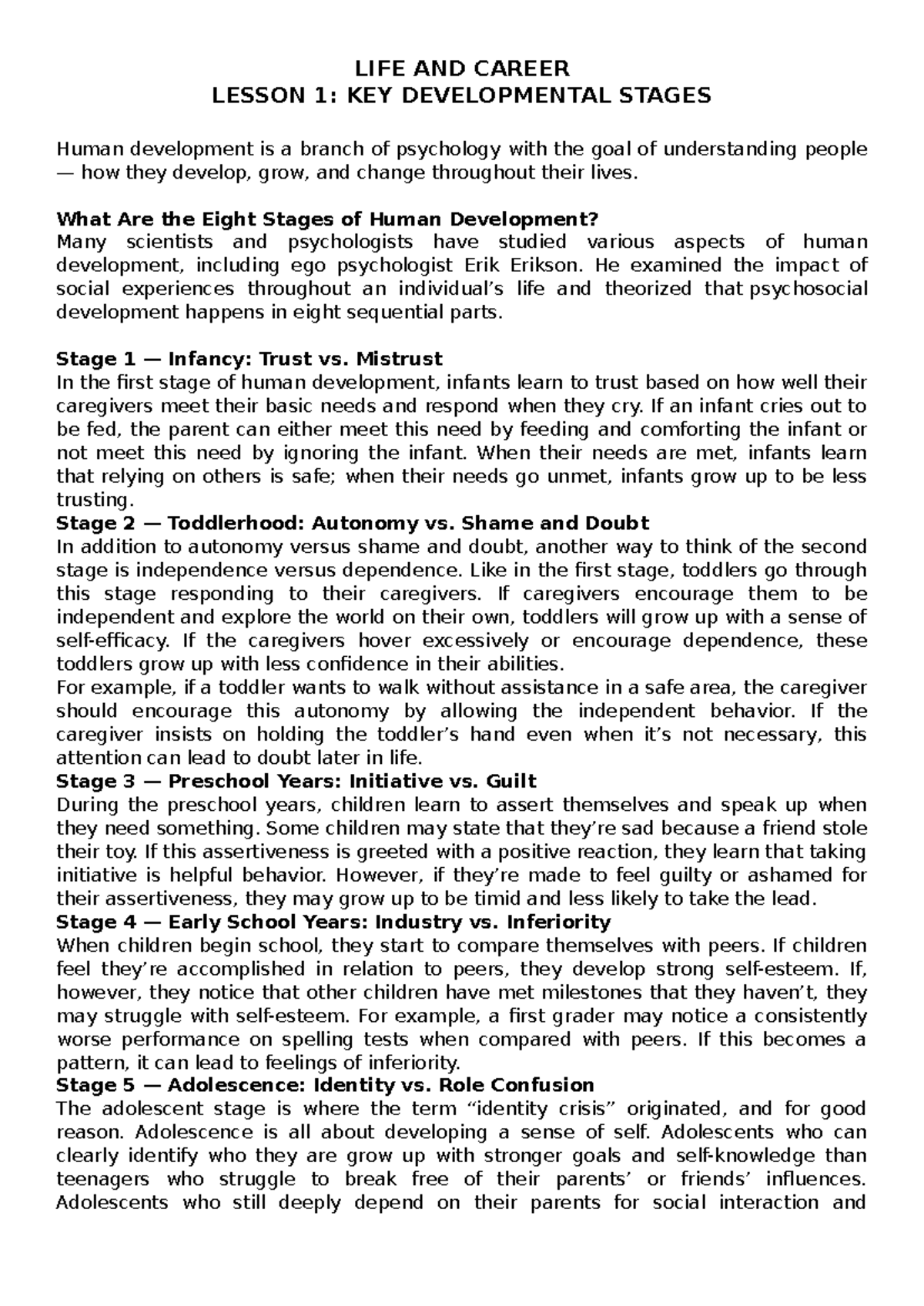 LIFE AND CAREER LESSON 1: KEY STAGES OF HUMAN DEVELOPMENT - Studocu