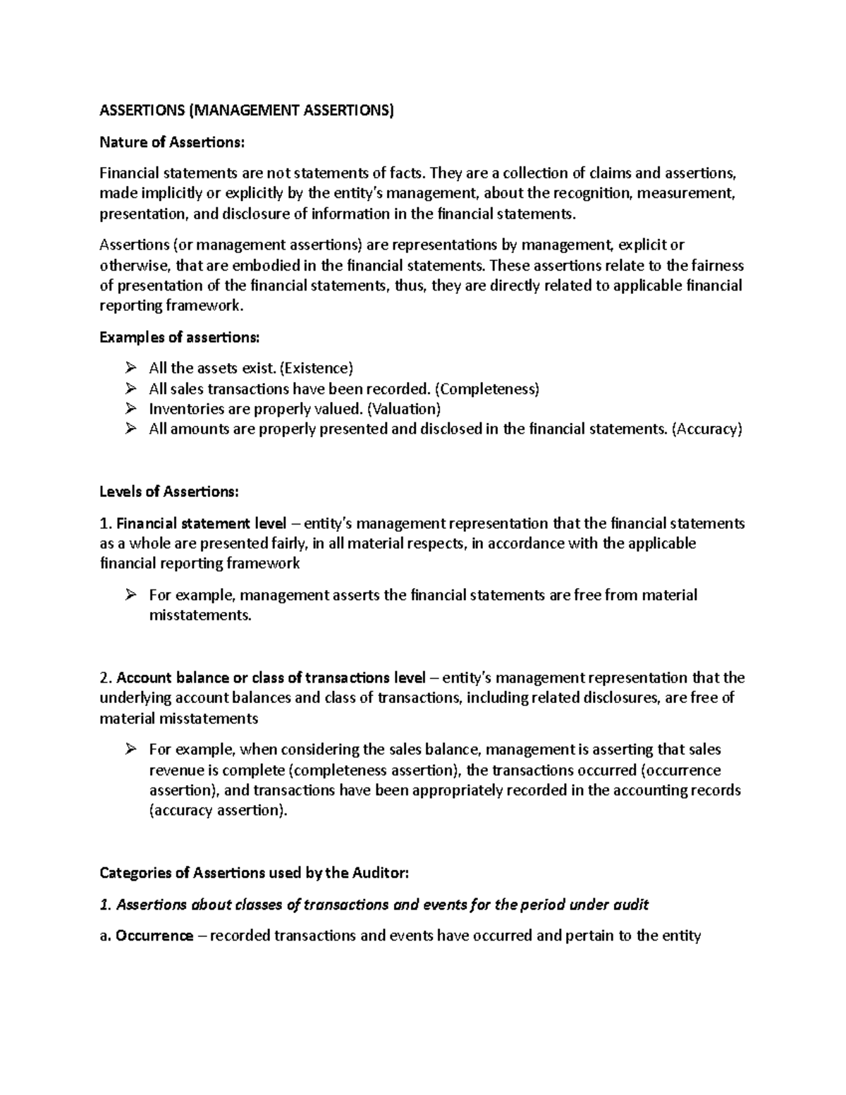 Financial Statement Assertions - Auditing Principles (ACCT 302) - Studocu