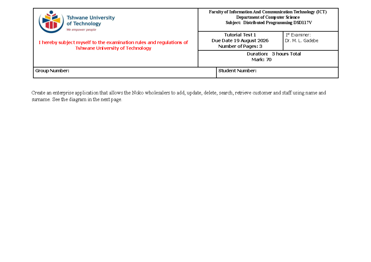 Tutorial Test 1 DSD117V: Enterprise Application Development for Noko ...