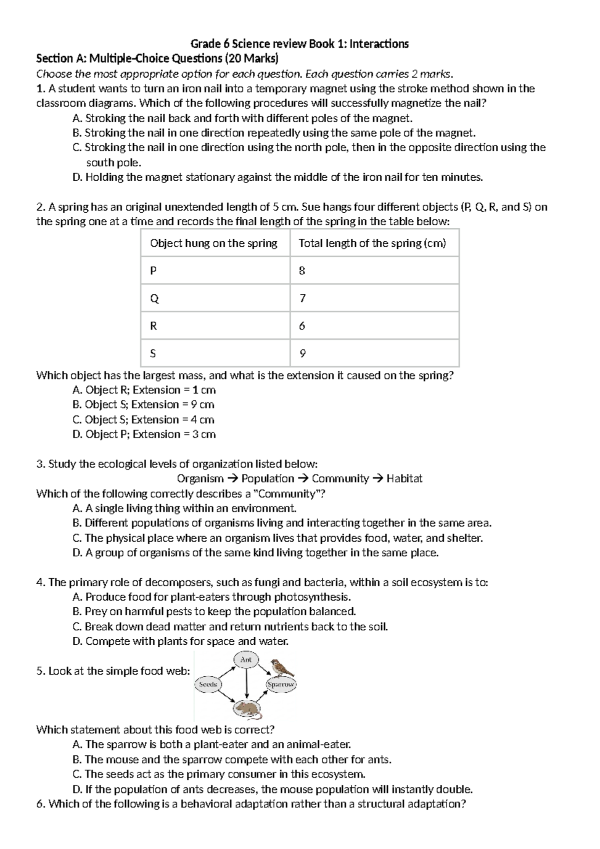 Grade 6 Science Review: Interactions & Ecosystems Questions (60 Marks ...