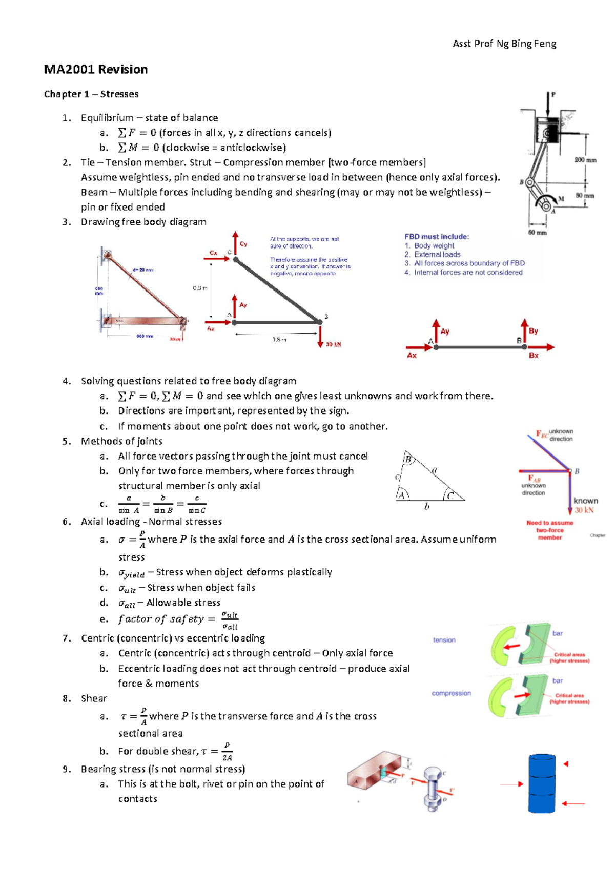 MA2001 Revision Notes: Chapter 1 - Stresses and Equilibrium - Studocu