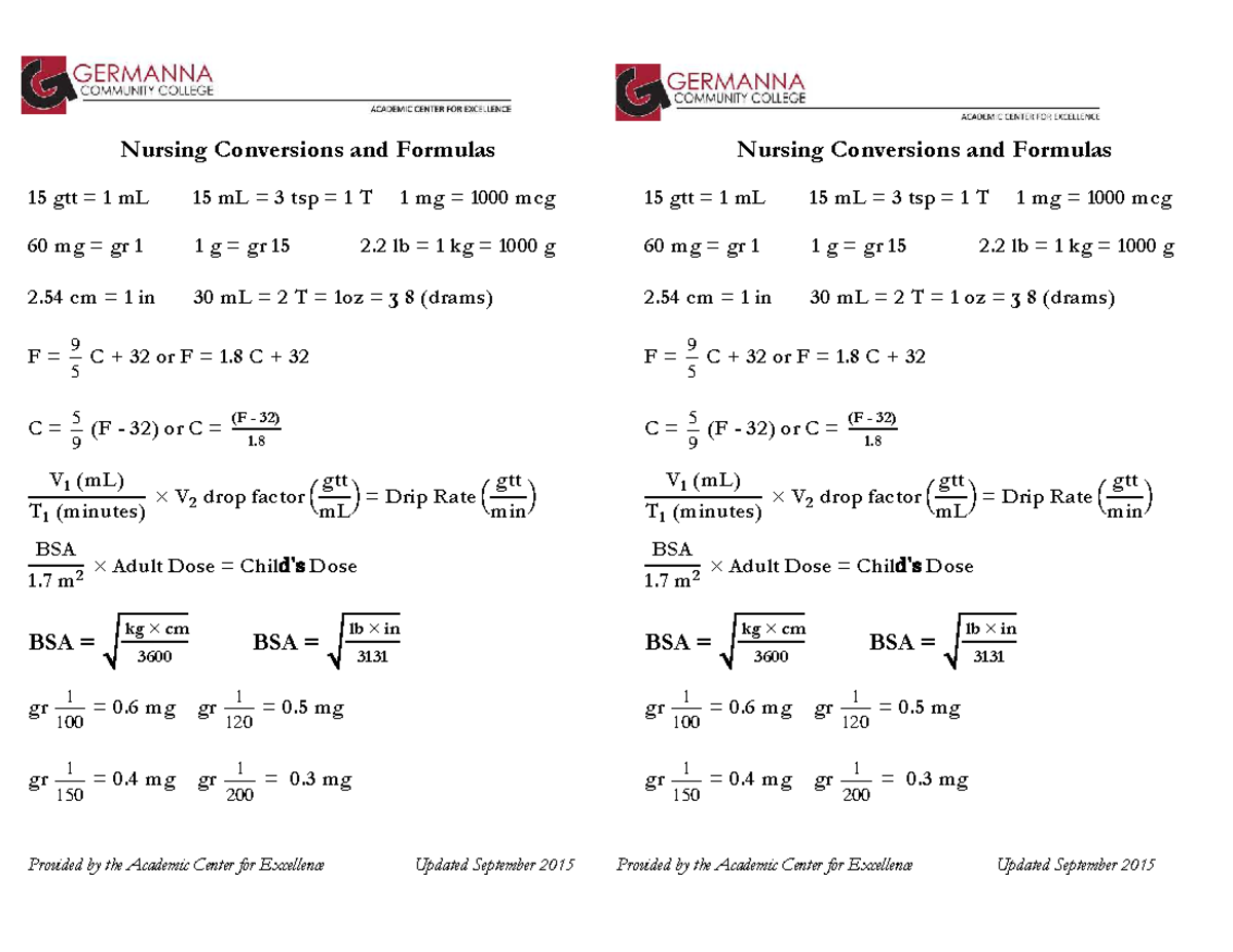 Nursing Conversions and Formulas - Provided by the Academic Center for ...