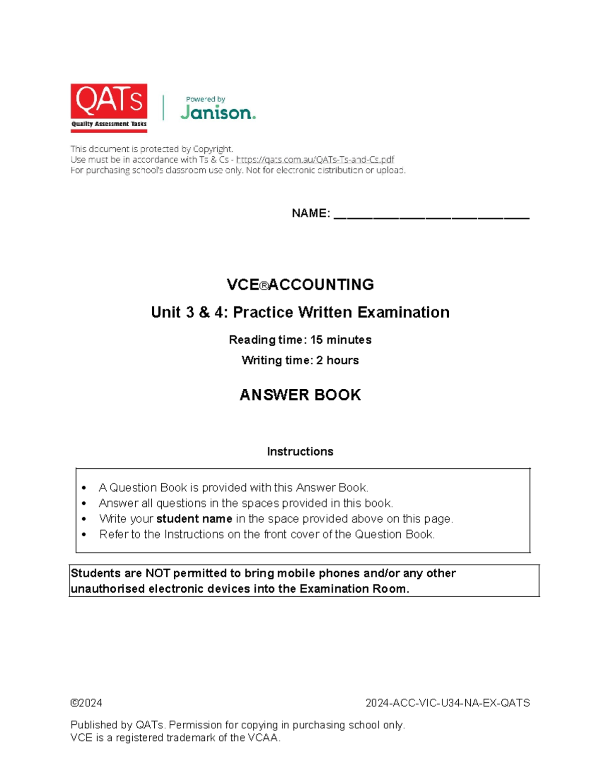 QATs VCE Accounting Practice Exam Units 3 & 4 Answer Book 2024 - Studocu