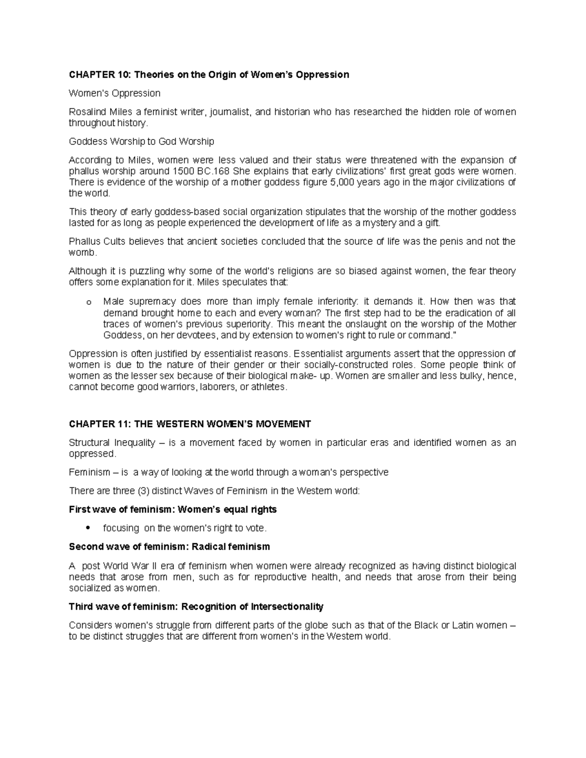 Chapter 10 & 11 Notes: Theories & Movements in Women’s Oppression - Studocu
