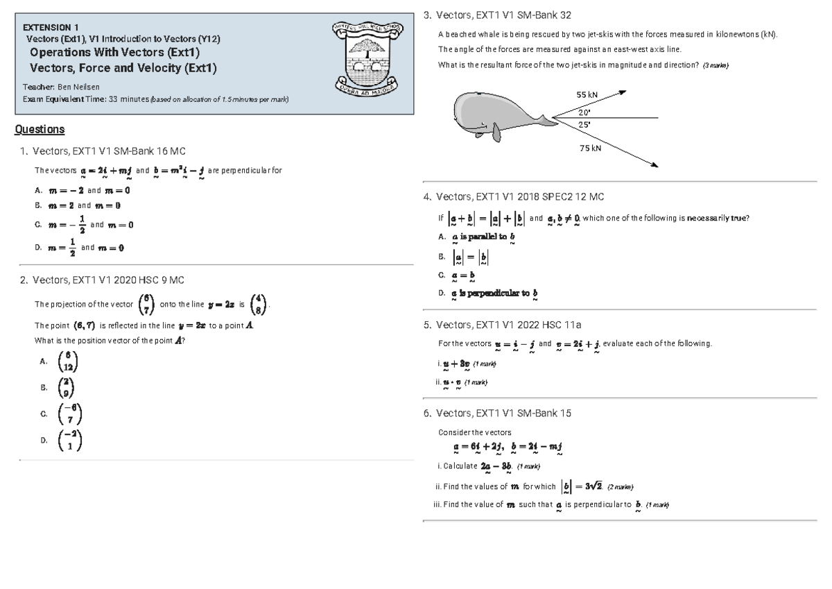 Vector work 2 - tut questions - 1. Vectors, EXT1 V1 SM-Bank 16 MC 2 ...