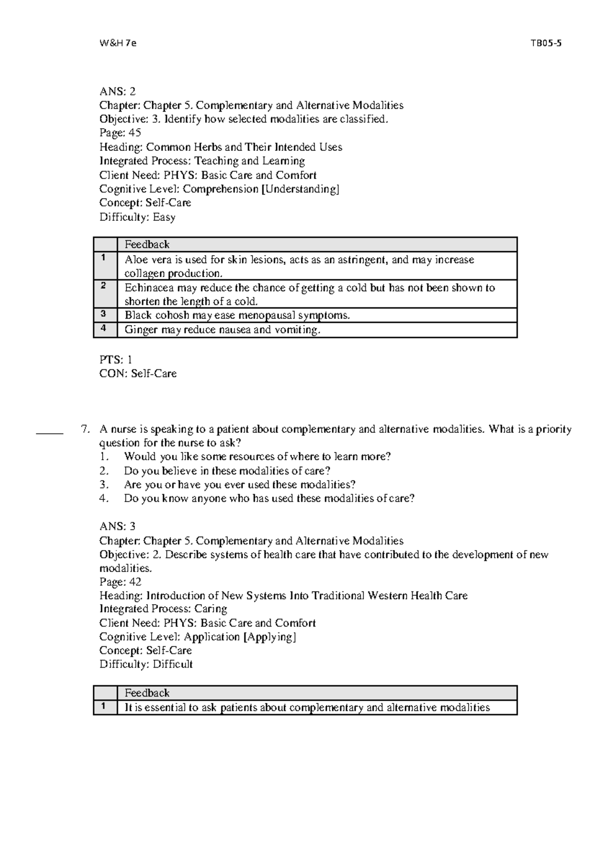 Chapter 5: Complementary & Alternative Modalities (ANS: 2) - Studocu