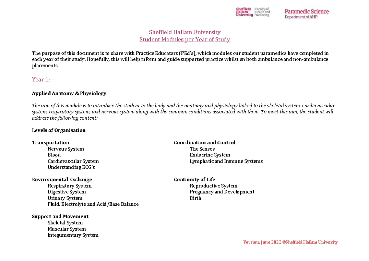 BSc Hons Paramedic Science Program Structure and Modules Overview - Studocu