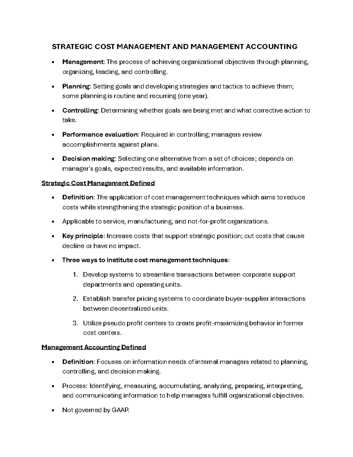 Strategic Cost Management & Management Accounting Overview - Studocu
