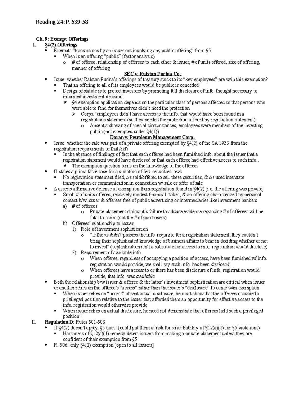 Reading 24 - Homework on Ch. 9: Exempt Offerings and Regulation D ...