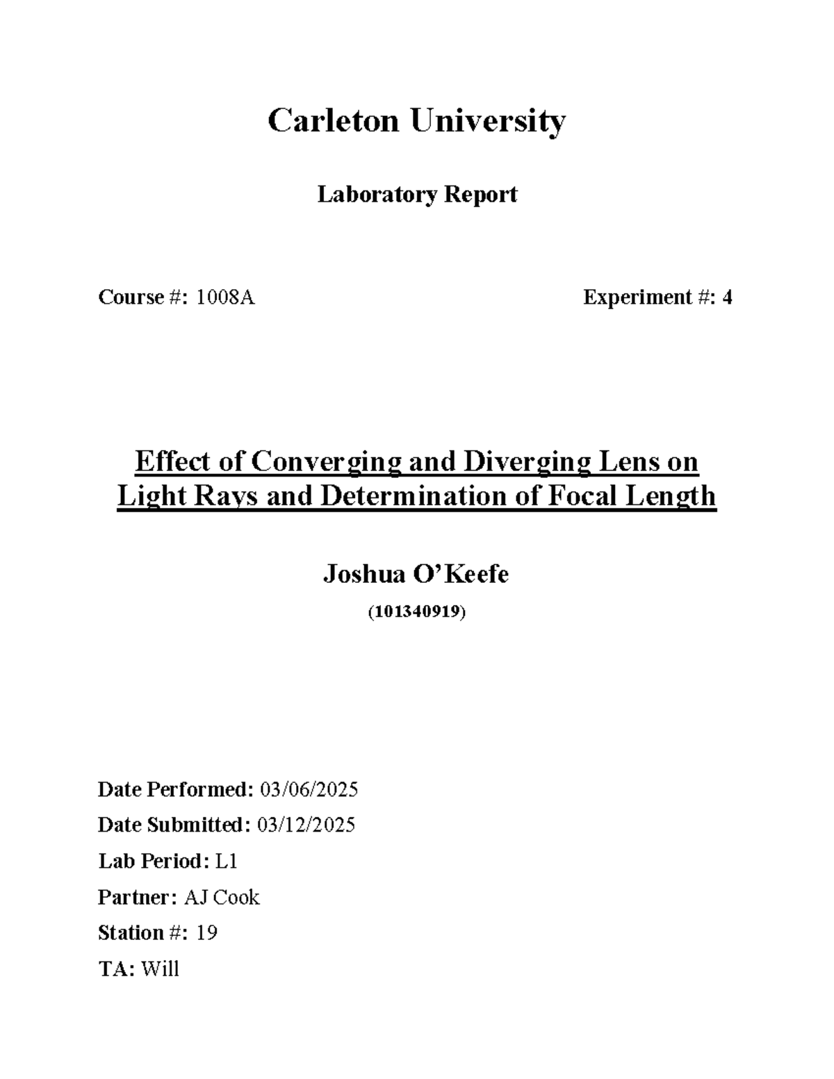 Laboratory Report: Ray Optics & Lens Focal Length (Course 1008A) - Studocu