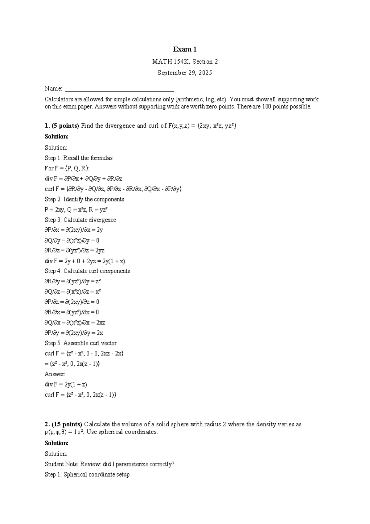 MATH 154K Exam 1 Solutions - September 29, 2025 - Studocu