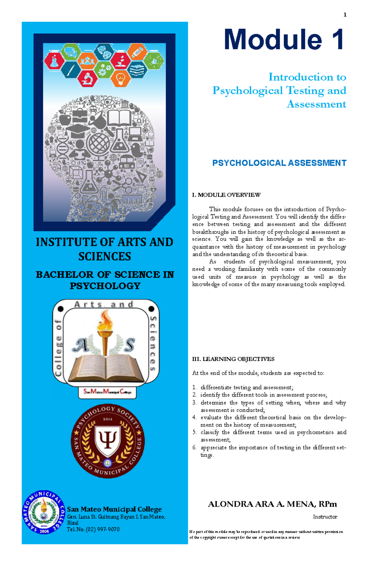 Psychological Assessment I: Introduction to Testing & Evaluation (PSY ...