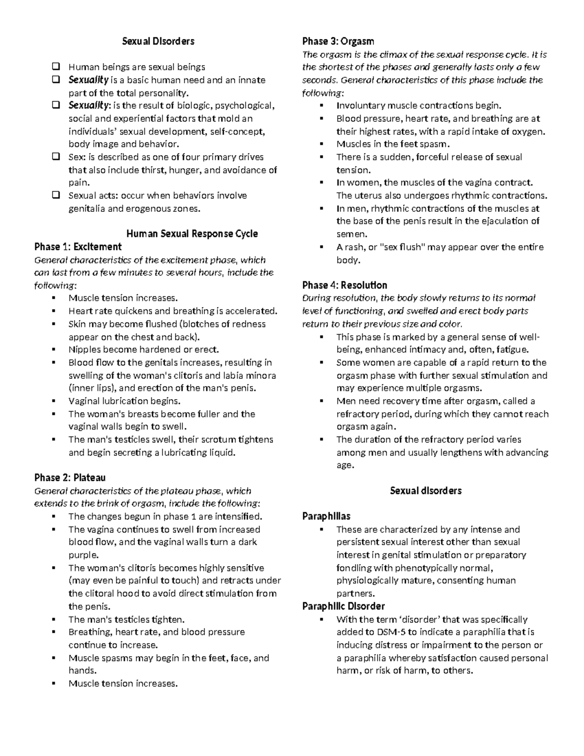 Sexual Disorders Overview and Human Sexual Response Cycle - Studocu