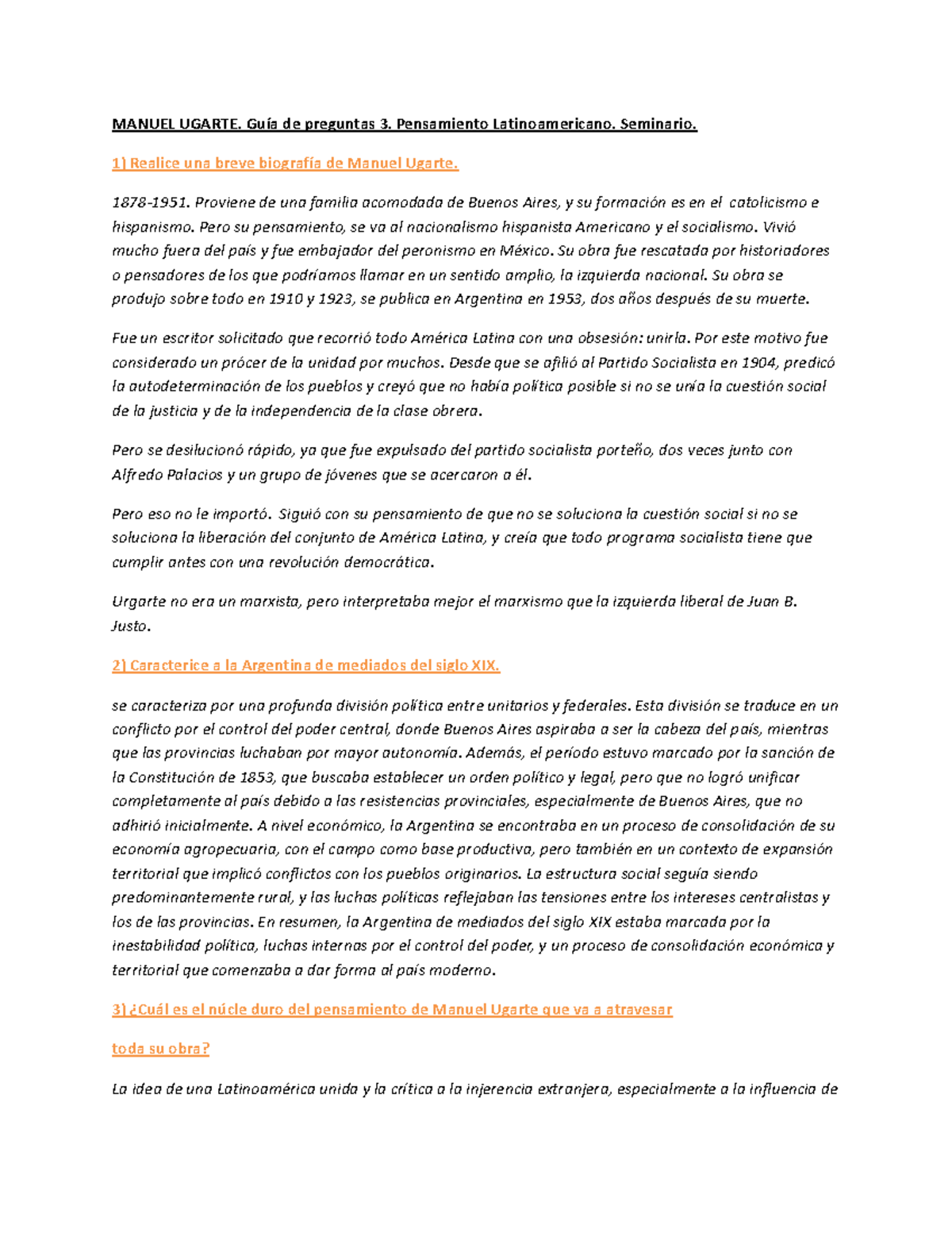 Guía de Preguntas 3: Pensamiento de Manuel Ugarte y Latinoamérica - Document Preview
