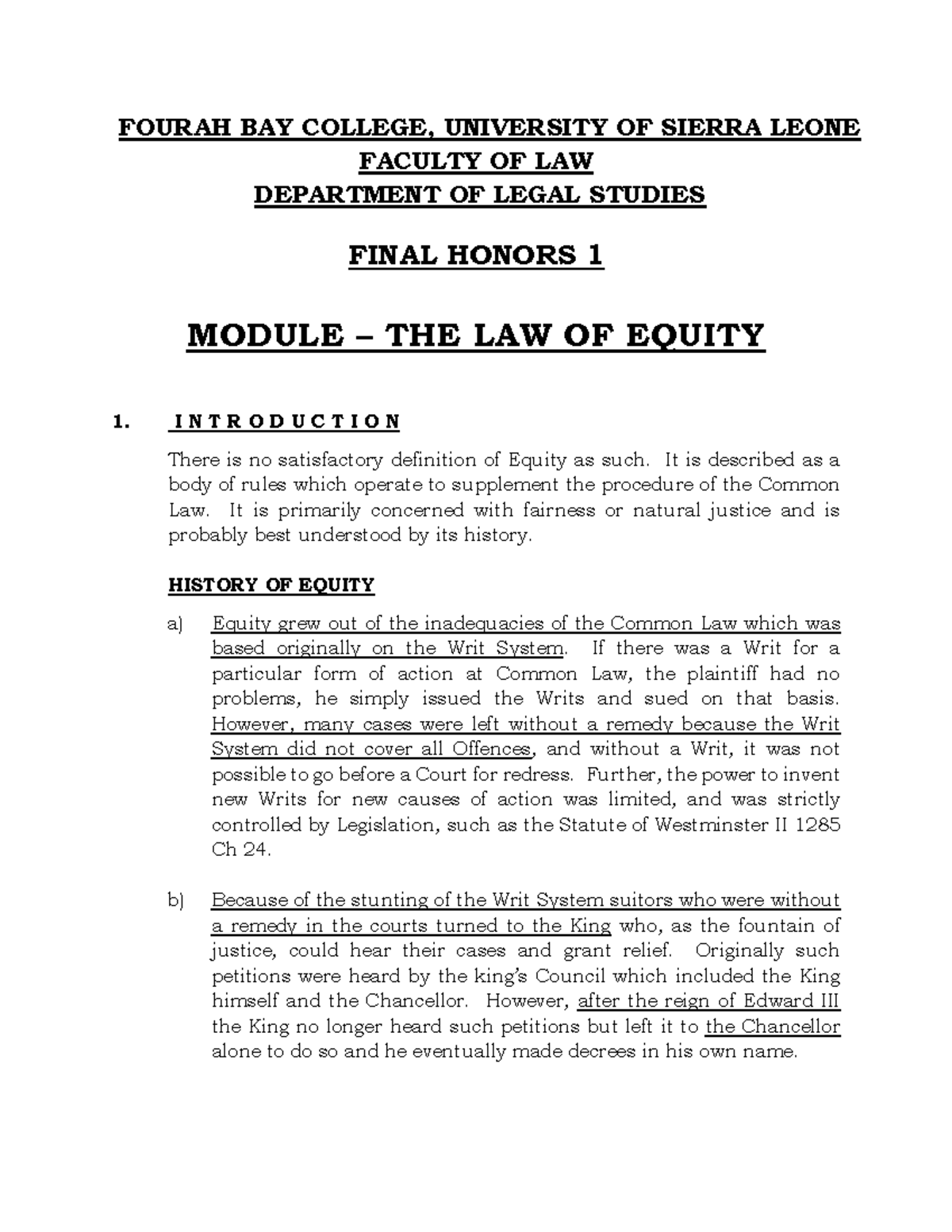 Equity Lecture 1 Notes - LAW 101: Understanding the Law of Equity - Studocu