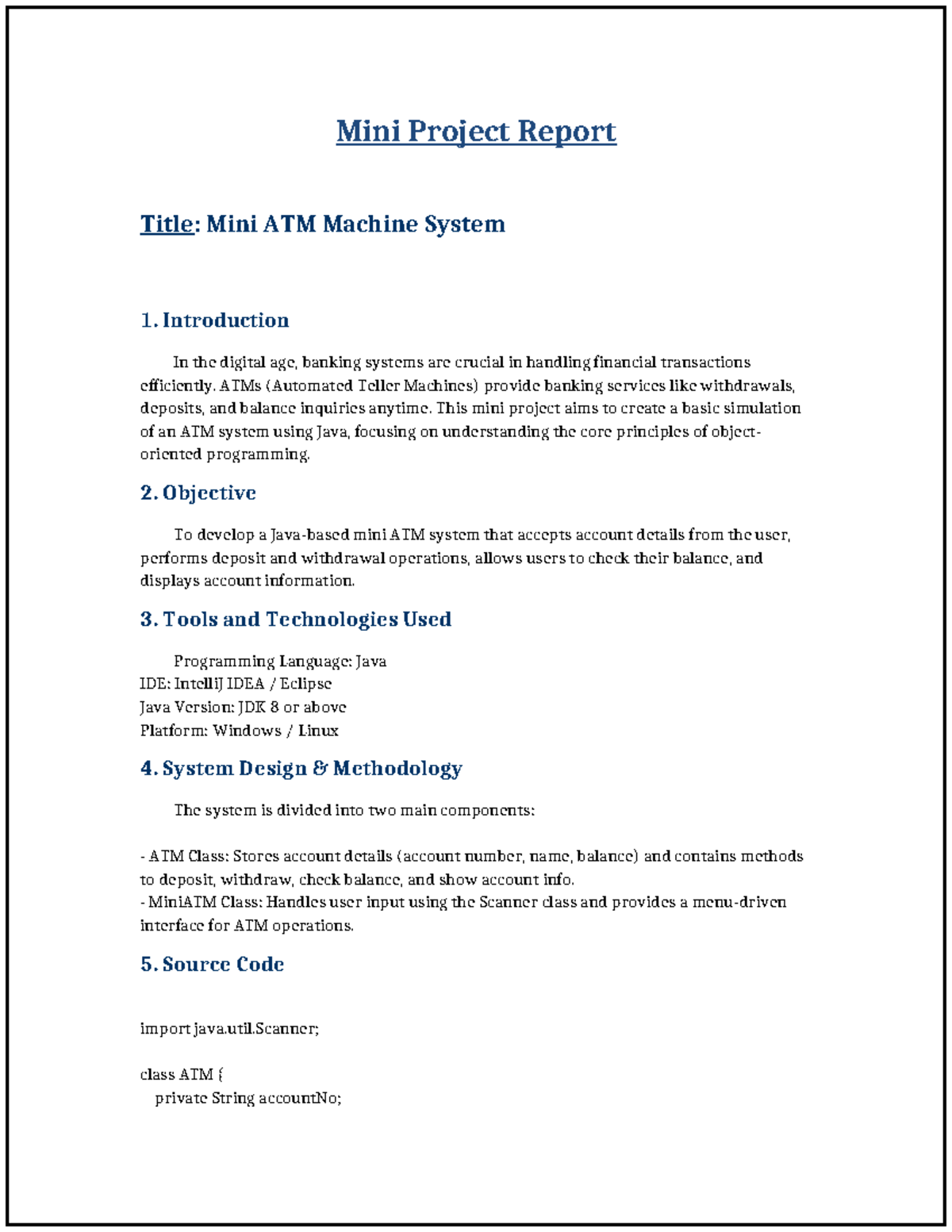 Mini Project Report: Java-Based ATM System Simulation - Studocu