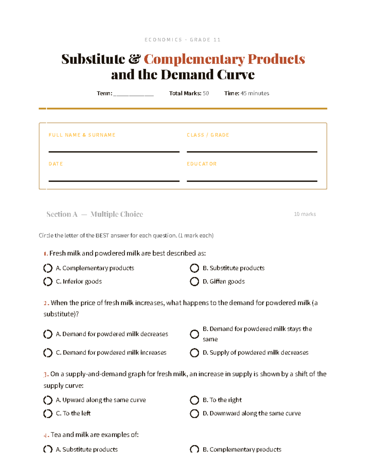 Economics Grade 11: Substitute & Complementary Products Activity - Studocu