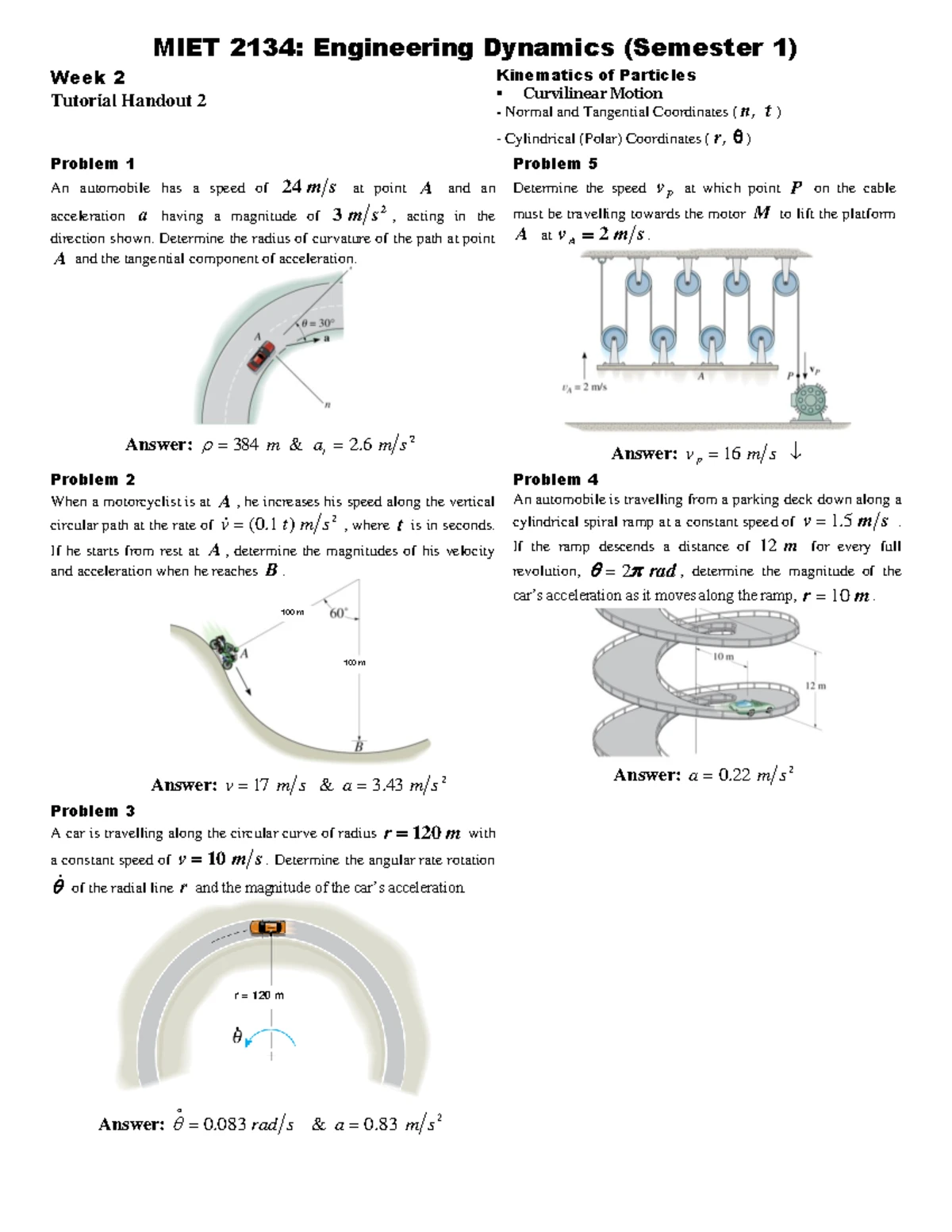 MIET 2134: Engineering Dynamics Week 1 Tutorial on Kinematics - Studocu