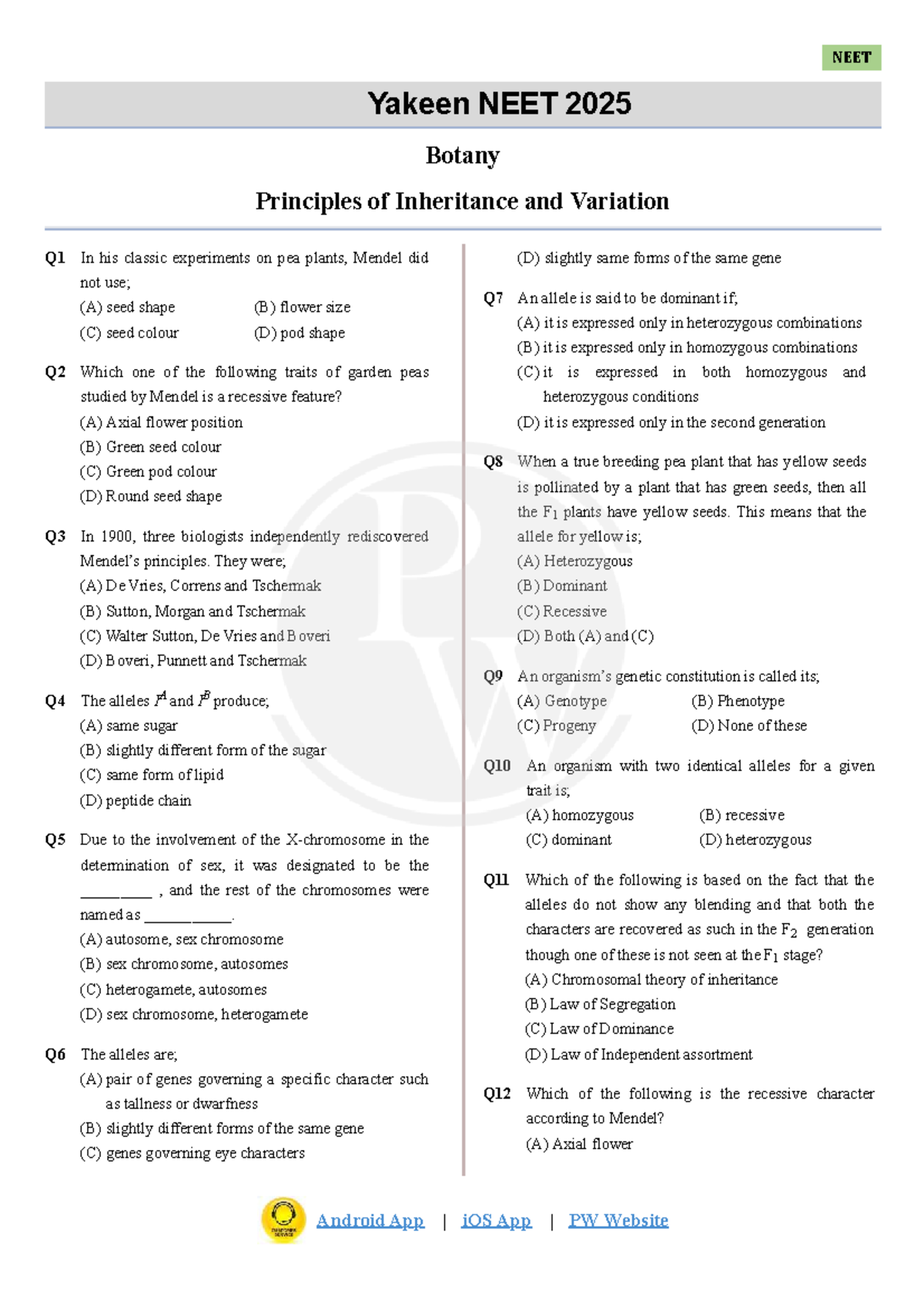 NEET 2025 Botany Practice Sheet: Principles of Inheritance & Variation ...