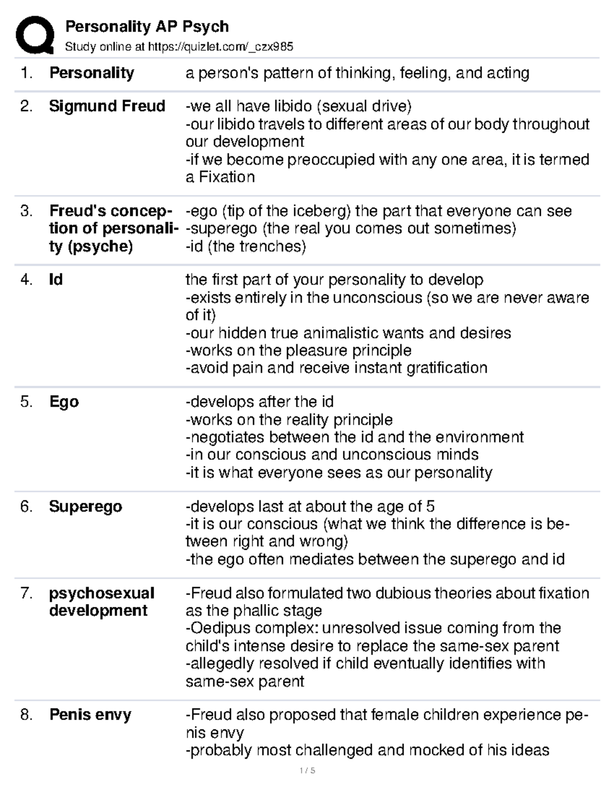 PSY 101: Personality Theories Study Notes and Key Concepts - Studocu