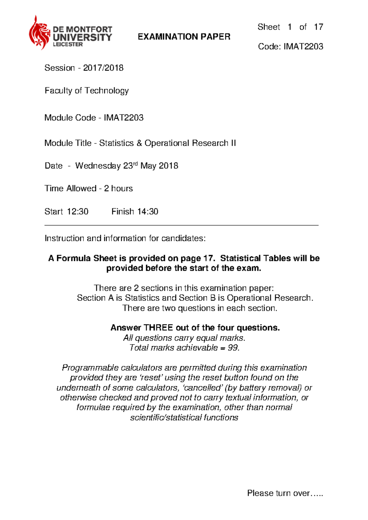 IMAT2203 Exam 2018 - IMAT2203 - Warning: TT: undefined function: 32 ...